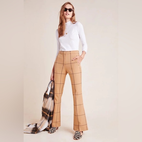 💫HP‼️💫 NEW ANTHROPOLOGIE “Sable” Windowpane Trousers in Tan, Size 8 - Picture 3 of 7